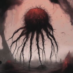 A dark sketch illustration of an abyssal creature covered in spores, lurking in the shadows