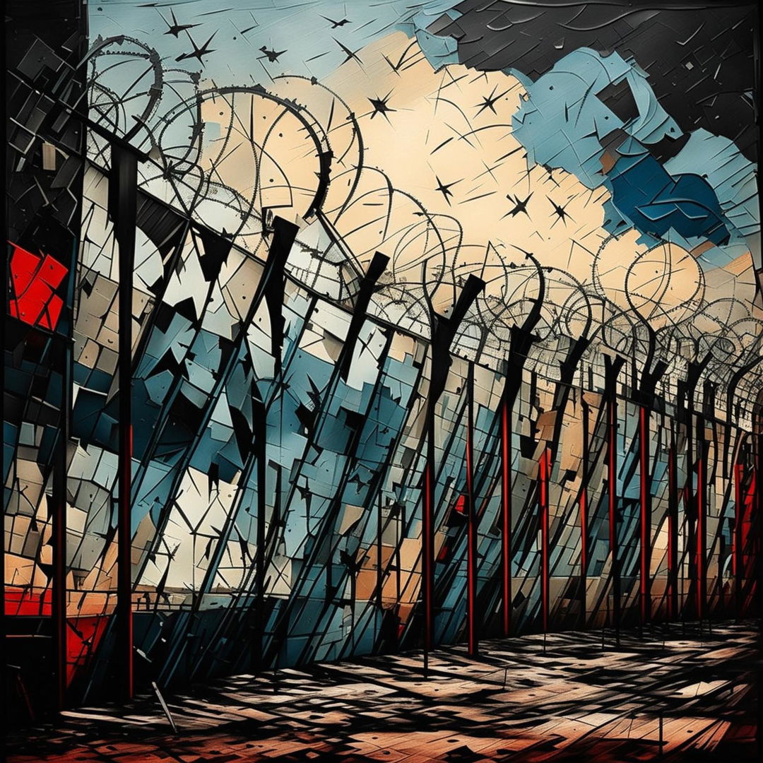 An abstract, vintage-style image of the Communist Iron Curtain collapsing and crumbling, featuring Soviet iconography and a patch of blue sky symbolizing hope and new beginnings