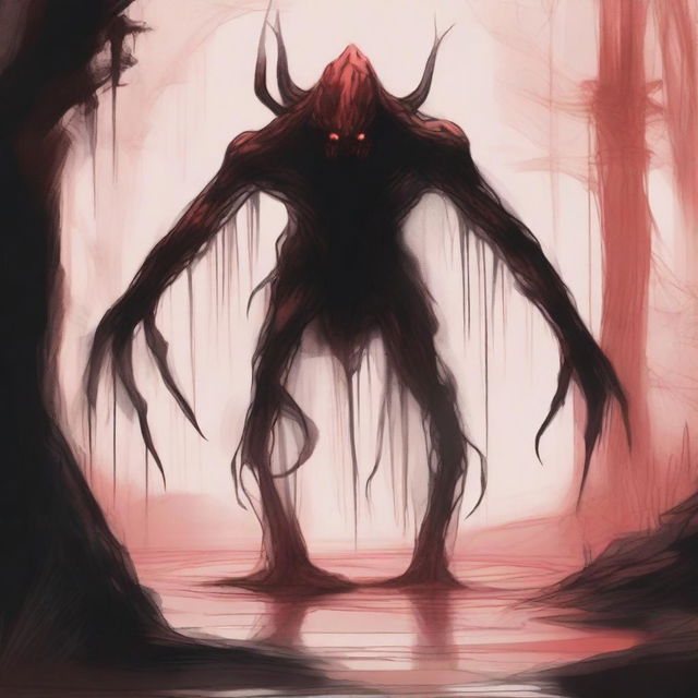 A dark sketch illustration of an abyssal creature lurking in the shadows