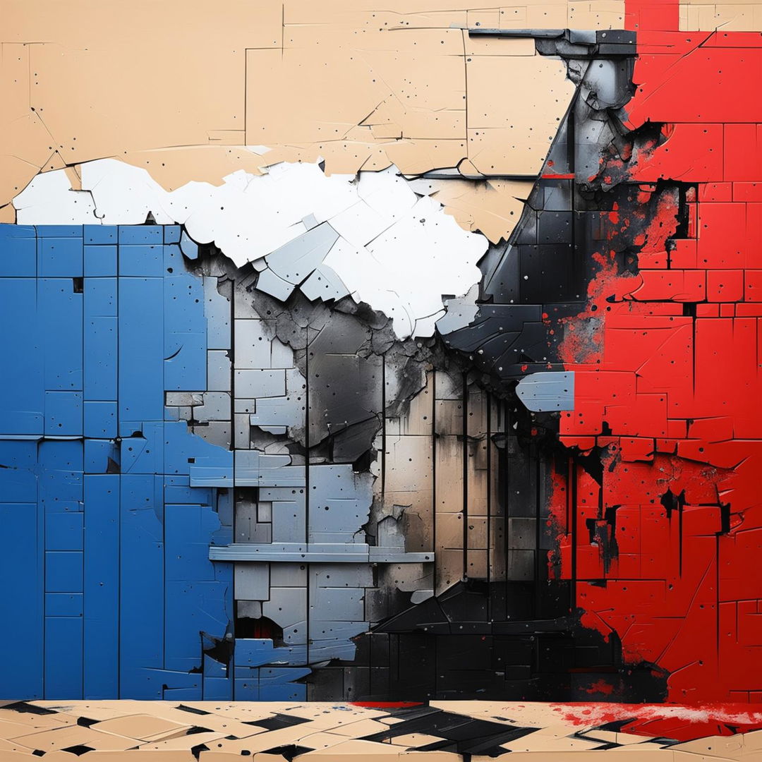 An abstract depiction of the vintage Communist Iron Curtain in a state of collapse and crumbling, with a patch of blue sky breaking through to symbolize hope and change