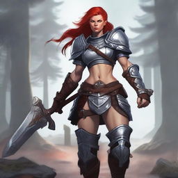 A Nordic muscular human female character with Nordic tattoos on her legs, red hair, and wearing barbarian armor