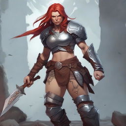 A Nordic muscular human female character with Nordic tattoos on her legs, red hair, and wearing barbarian armor