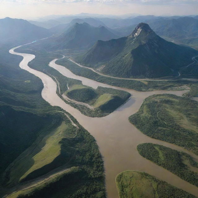 A landscape where a river takes the shape of a mountain