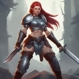 A Nordic muscular human female character with Nordic tattoos on her legs, red hair, and wearing barbarian armor