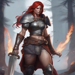 A Nordic muscular human female character with Nordic tattoos on her legs, red hair, and wearing barbarian armor