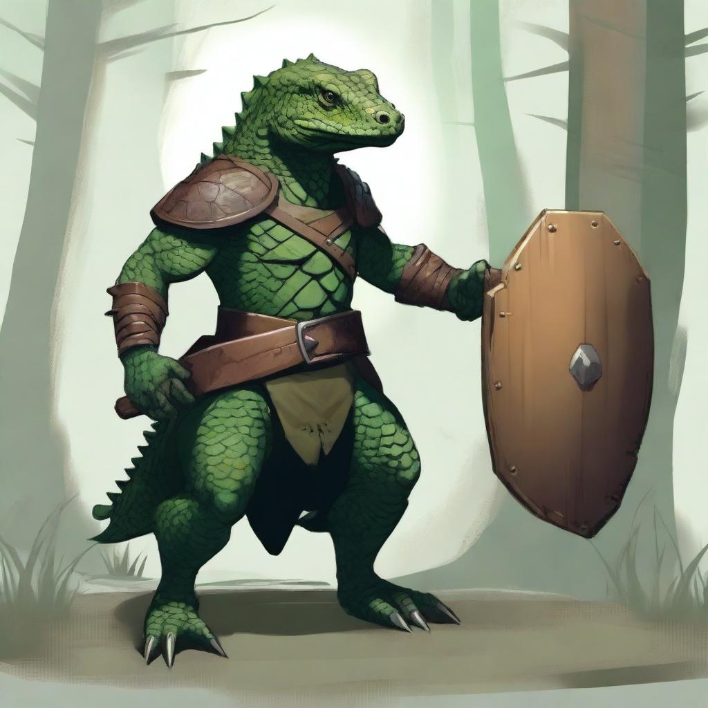 A lizardfolk character with dark green scales, holding a wooden shield