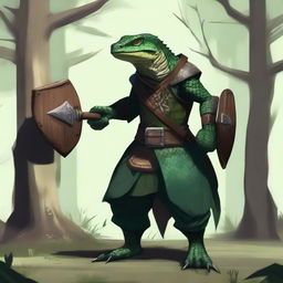 A lizardfolk character with dark green scales, holding a wooden shield