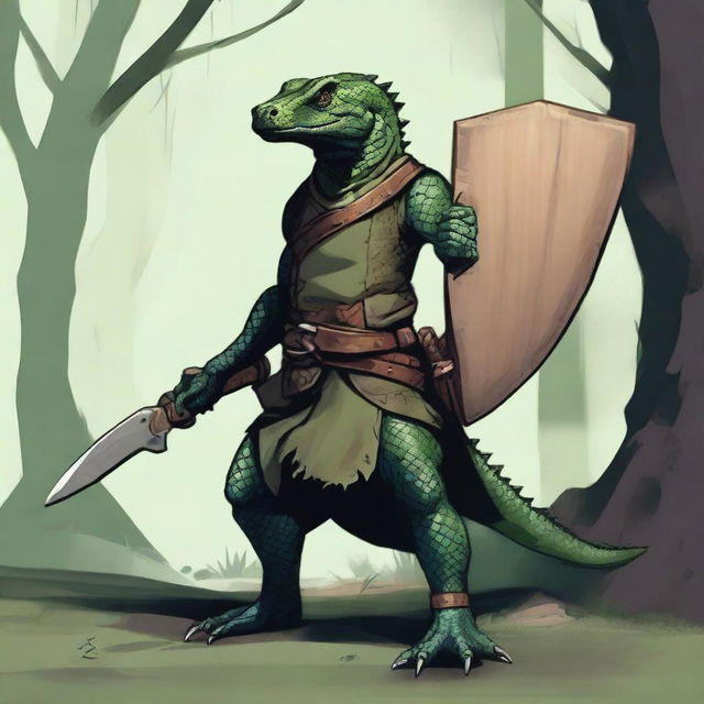 A lizardfolk character with dark green scales, holding a wooden shield