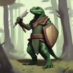 A lizardfolk character with dark green scales, holding a wooden shield