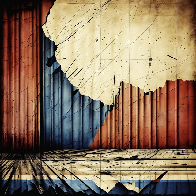 An abstract, vintage image depicting the collapse of the Communist Iron Curtain, with fragments breaking apart to reveal a patch of blue sky, symbolizing hope and freedom