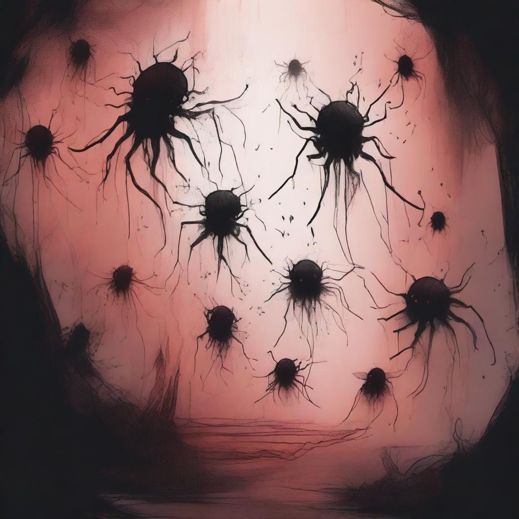 A dark sketch illustration of a small swarm of small abyssal creatures lurking in the shadows