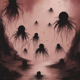 A dark sketch illustration of a small swarm of small abyssal creatures lurking in the shadows