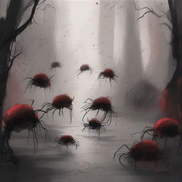 A dark sketch illustration of a small swarm of small abyssal creatures lurking in the shadows