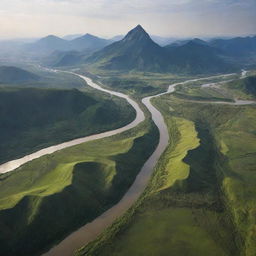 A landscape where a river takes the shape of a mountain