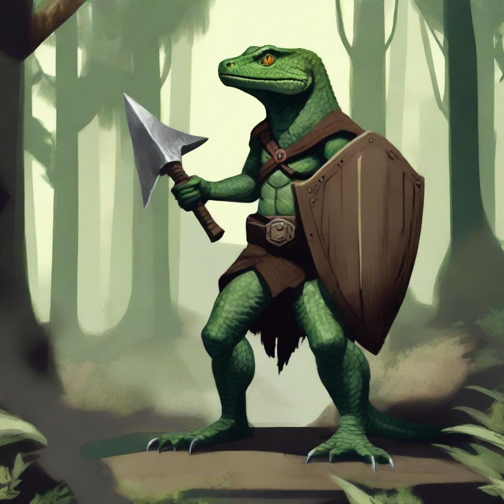 A lizardfolk character with dark green scales, holding a wooden shield in one hand and a bone handaxe in the other