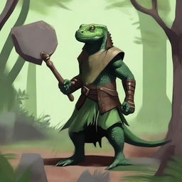 A lizardfolk character with dark green scales, holding a wooden shield in one hand and a bone handaxe in the other