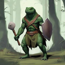 A lizardfolk character with dark green scales, holding a wooden shield in one hand and a bone handaxe in the other