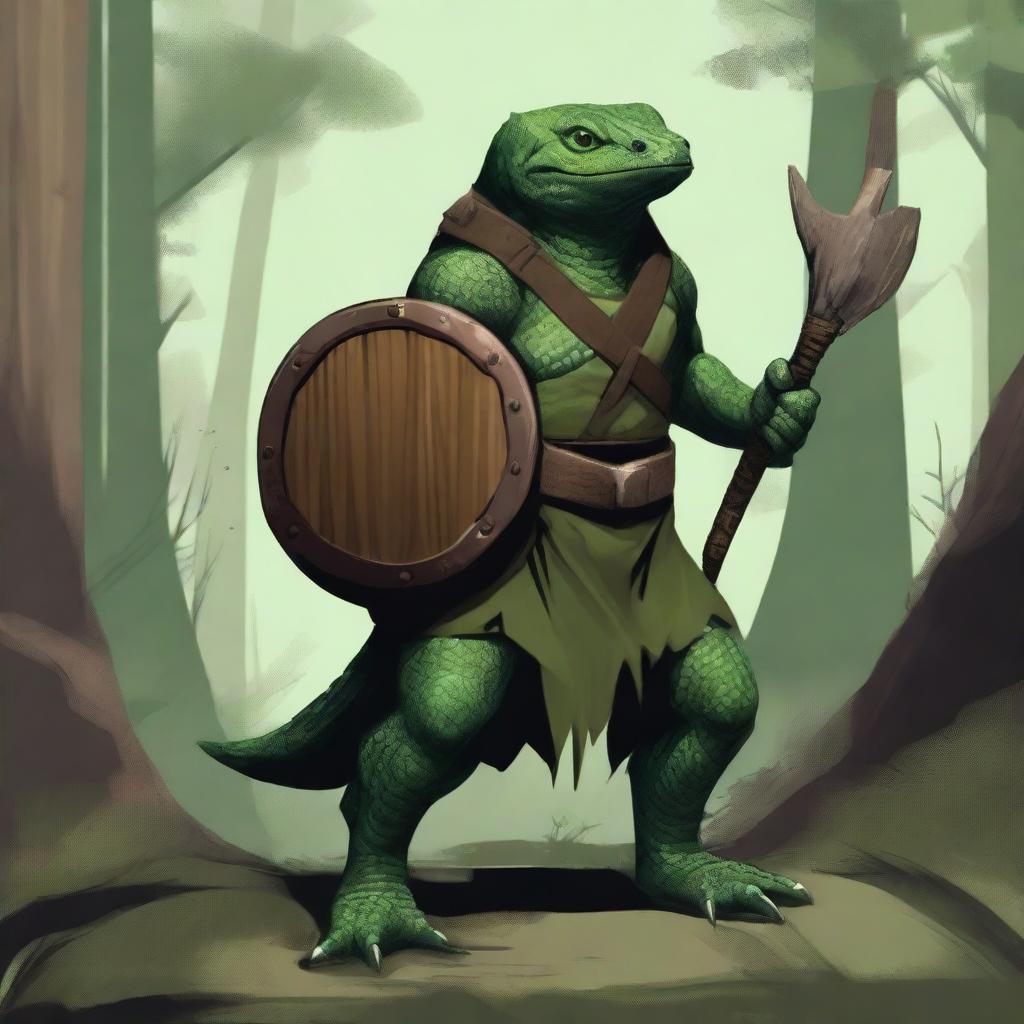 A lizardfolk character with dark green scales, holding a wooden shield in one hand and a bone handaxe in the other