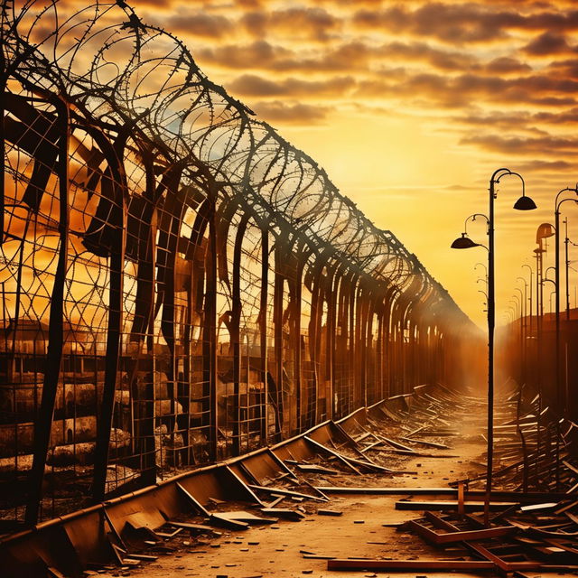 An abstract, vintage-style image of the Communist Iron Curtain collapsing and crumbling, with a vibrant sunrise breaking through to symbolize hope and new beginnings