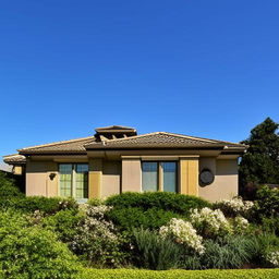 An exterior view of a beautiful house owned by a proud homeowner, with lush gardens and cloudless blue sky overhead.