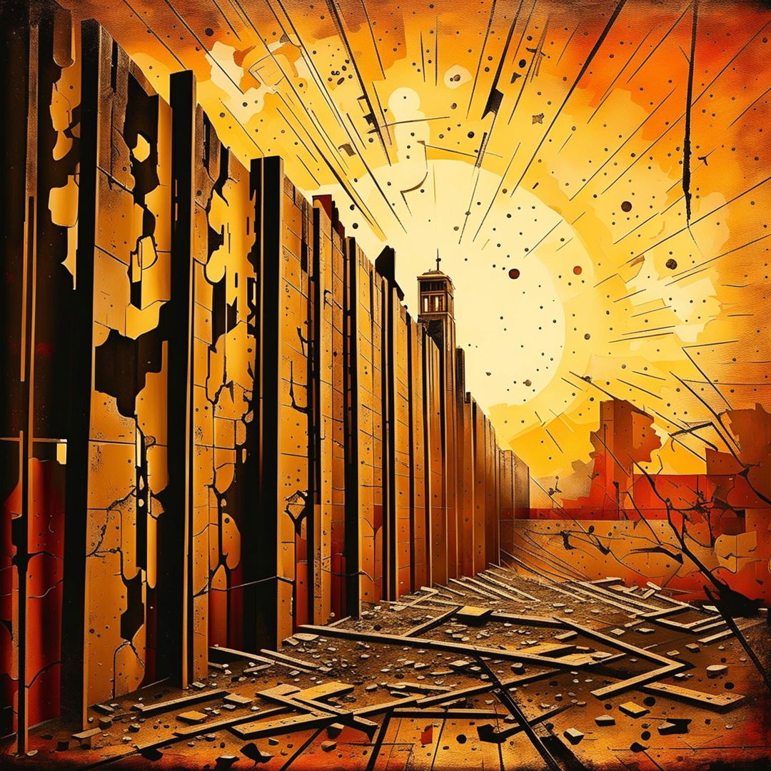 An abstract, vintage-style image of the Communist Iron Curtain collapsing at sunrise, with muted colors, warm golden hues, and symbolic elements like broken chains and crumbling walls to emphasize liberation and change