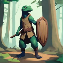 A thin lizardfolk character with dark blue-green scales, wearing simple brown clothes and no shoes