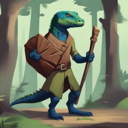 A thin lizardfolk character with dark blue-green scales, wearing simple brown clothes and no shoes