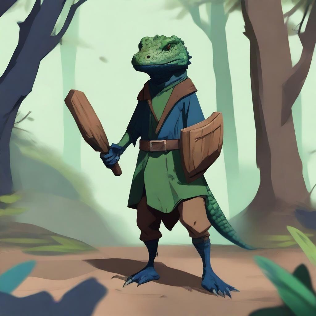 A thin lizardfolk character with dark blue-green scales, wearing simple brown clothes and no shoes