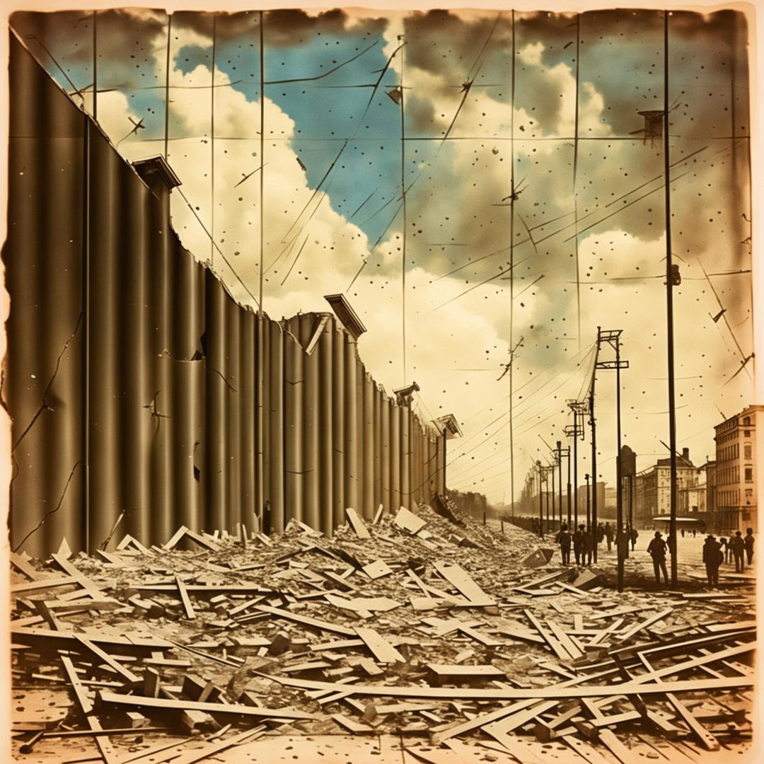 A vintage depiction of the Communist Iron Curtain collapsing and crumbling, with sepia tones, an aged background, and a patch of blue sky symbolizing hope and freedom