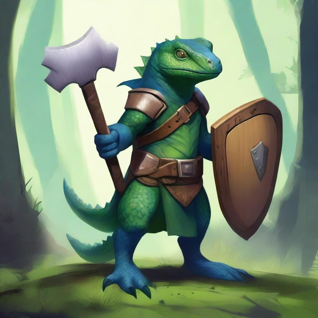 A lizardfolk character with dark blue-green scales, holding a wooden shield in one hand and a handaxe in the other