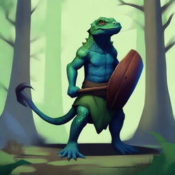 A lizardfolk character with dark blue-green scales, holding a wooden shield in one hand and a handaxe in the other