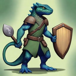 A lizardfolk character with dark blue-green scales, holding a wooden shield in one hand and a handaxe in the other