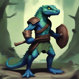 A lizardfolk character with dark blue-green scales, holding a wooden shield in one hand and a handaxe in the other