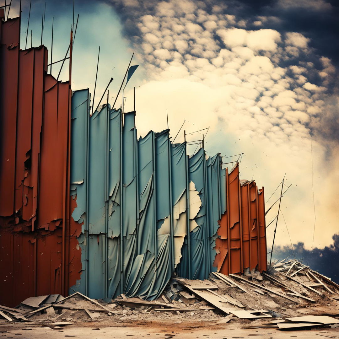 An abstract, vintage depiction of the Communist Iron Curtain collapsing and crumbling