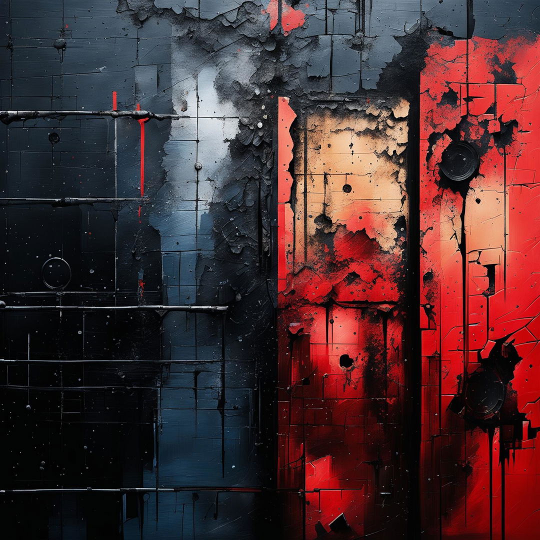 An abstract depiction of the vintage Communist Iron Curtain in a state of collapse and crumbling, with a patch of blue sky breaking through to symbolize hope and change