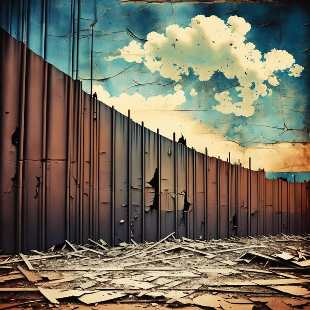 An abstract, vintage image of the Communist Iron Curtain collapsing and crumbling, with a patch of blue sky symbolizing hope