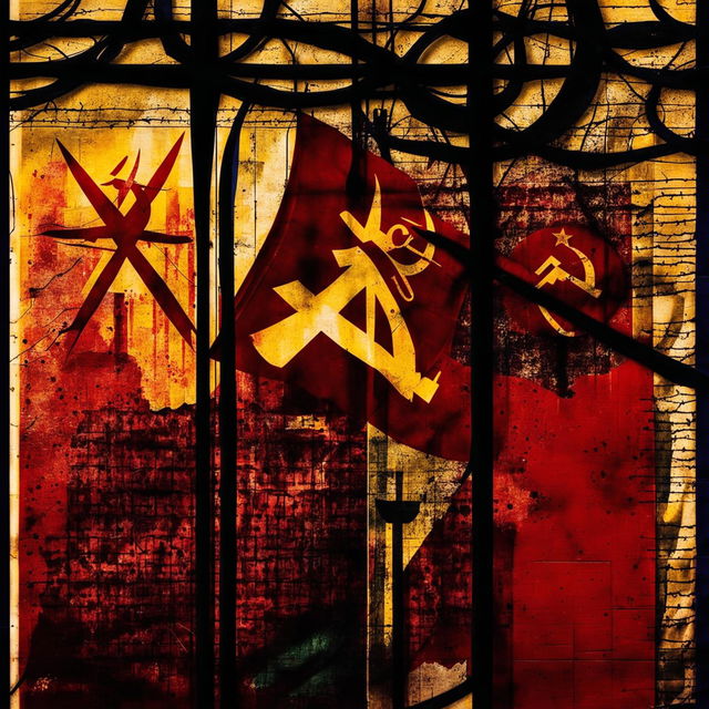 An abstract image of the vintage Communist Iron Curtain era, featuring muted colors, iconic symbols, and fragmented patterns to evoke the oppressive atmosphere and historical tension