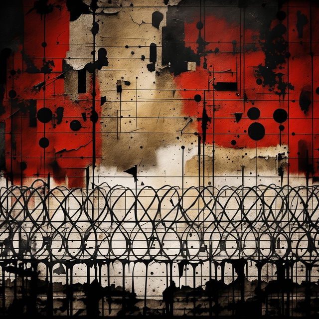 An abstract, dark depiction of the vintage Communist Iron Curtain, using deep reds, blacks, and grays