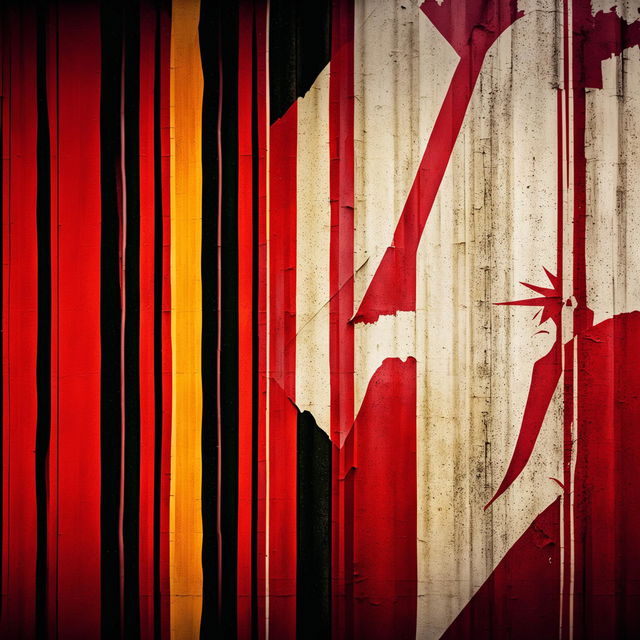 An abstract depiction of the vintage Communist Iron Curtain, using deep reds, dark grays, and muted blacks