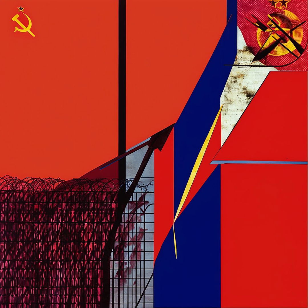 An abstract image featuring vintage Communist Iron Curtain elements, using bold colors and geometric shapes to evoke historical significance and political tension