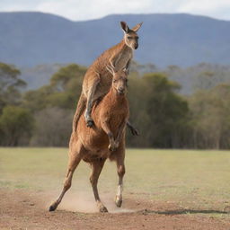 A kangaroo riding on the back of a galloping horse