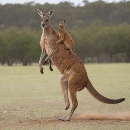 A kangaroo riding on the back of a galloping horse