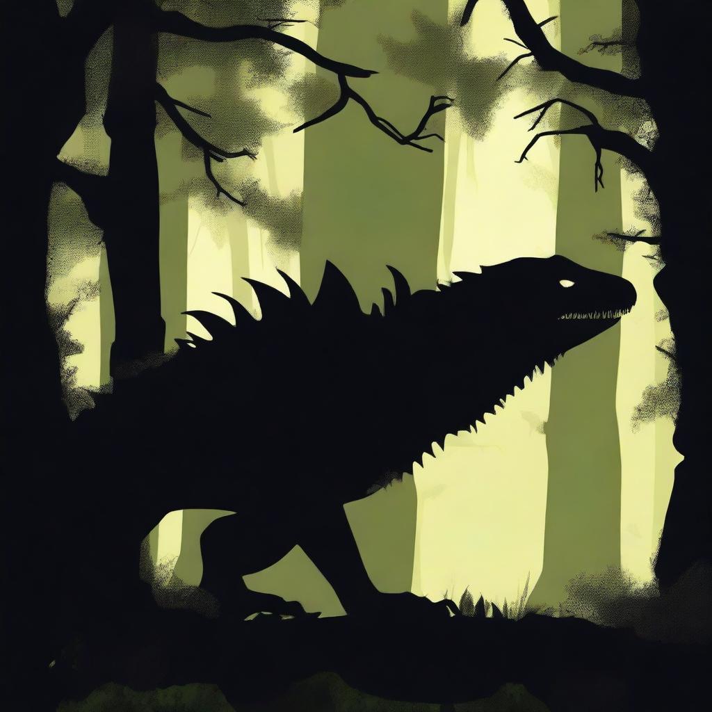 A shadowed lizard creature lurking in a dark, eerie environment