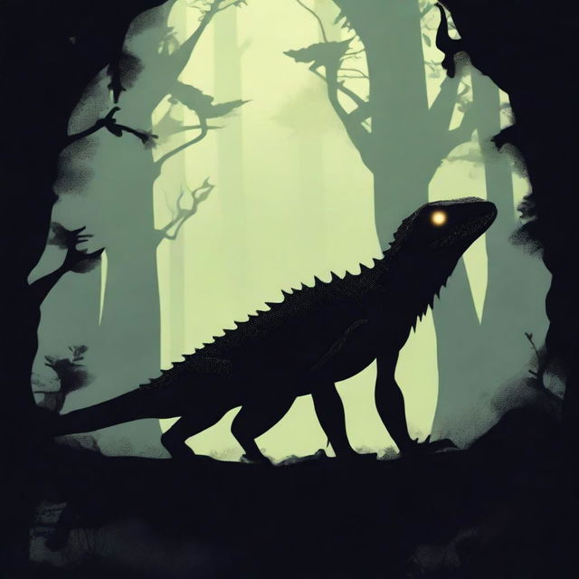 A shadowed lizard creature lurking in a dark, eerie environment