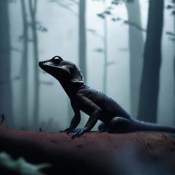 A shadowed lizard formed from dark spores, lurking in a mysterious and eerie environment