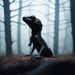 A shadowed lizard formed from dark spores, lurking in a mysterious and eerie environment