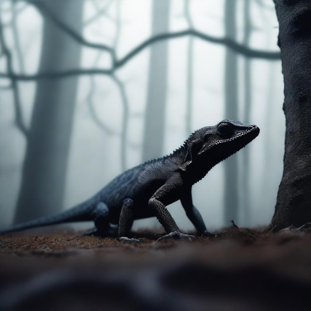 A shadowed lizard formed from dark spores, lurking in a mysterious and eerie environment