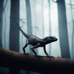 A shadowed lizard formed from dark spores, lurking in a mysterious and eerie environment