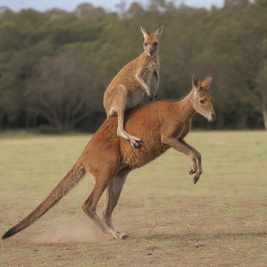 A kangaroo riding on the back of a galloping horse