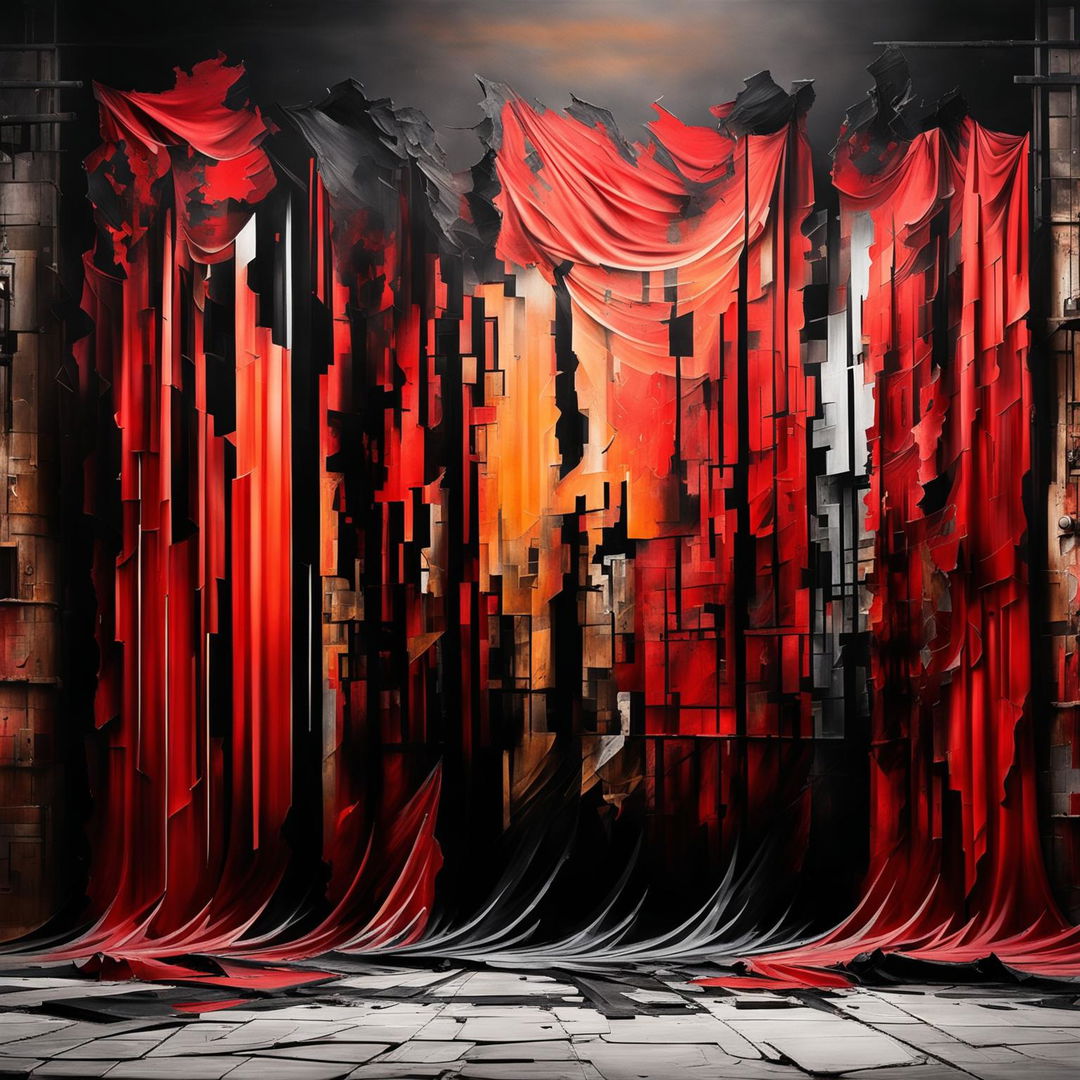 An abstract depiction of the vintage Communist Iron Curtain, with deep reds, blacks, and muted grays